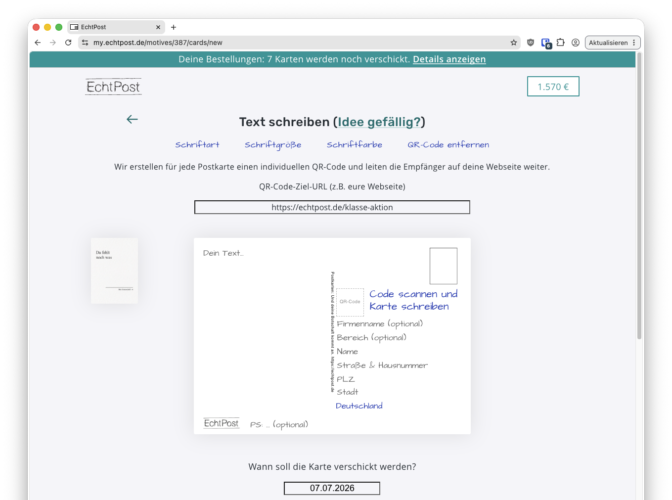 Der EchtPost-Karteneditor mit QR-Code und dem eigenen Text „Code scannen und Karte schreiben" daneben