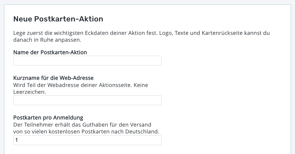 Das Formular „Neue Postkarten-Aktion" im EchtPost-Konto mit den Feldern Name, Kurzname für die Web-Adresse und Postkarten pro Anmeldung