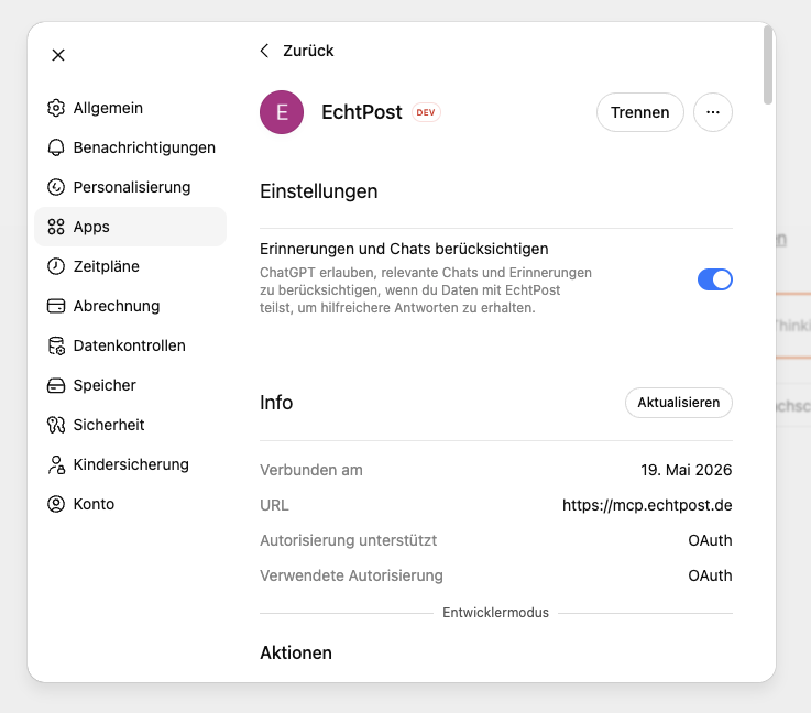 ChatGPT zeigt den EchtPost-Connector verbunden via OAuth, mit URL https://mcp.echtpost.de und dem DEV-Badge