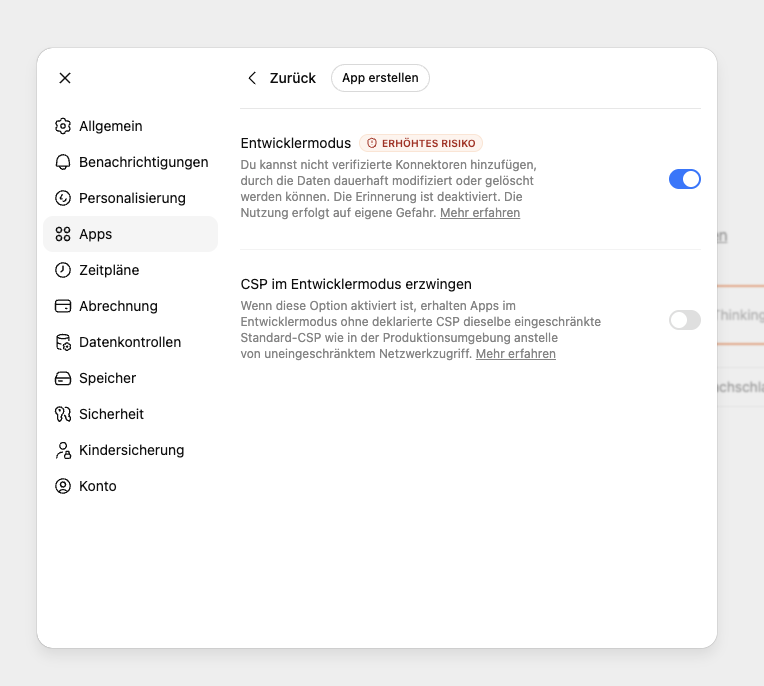 ChatGPT-Einstellungen unter „Apps“ mit aktiviertem Toggle „Entwicklermodus“, mit Hinweis auf erhöhtes Risiko