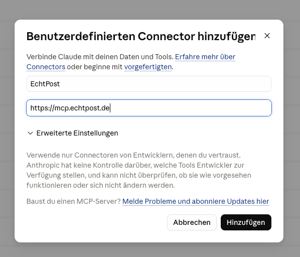 Claude Desktop – Dialog „Benutzerdefinierten Connector hinzufügen" mit dem Feld für die Server-URL https://mcp.echtpost.de