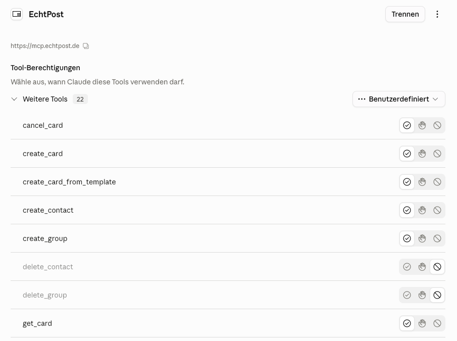 EchtPost MCP-Server in Claude Desktop mit der Liste aller verfügbaren Tools (cancel_card, create_card, create_card_from_template, create_contact, create_group …)