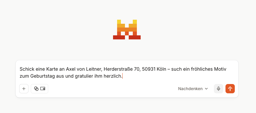 Mistral Le Chat – ein Nutzerprompt löst über den EchtPost-Connector den Postkartenversand aus
