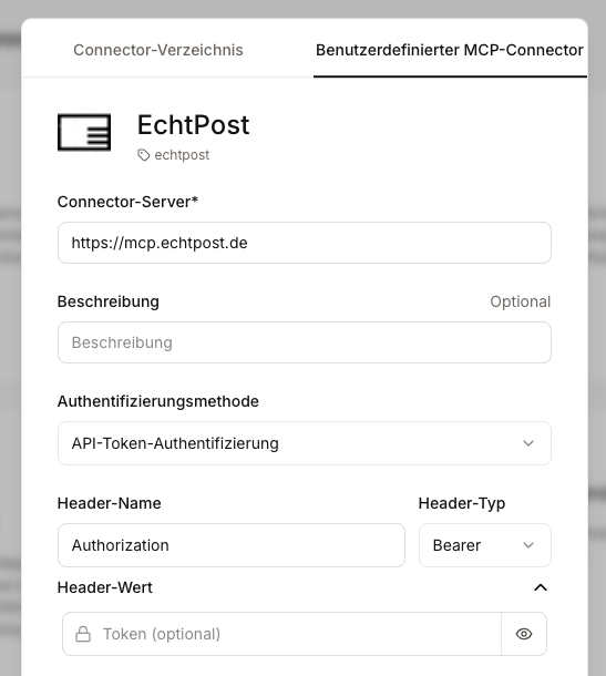 Mistral Le Chat – Dialog „Benutzerdefinierter MCP-Connector" mit den Feldern für Connector-Server, Authentifizierungsmethode (API-Token) und Authorization-Bearer-Header