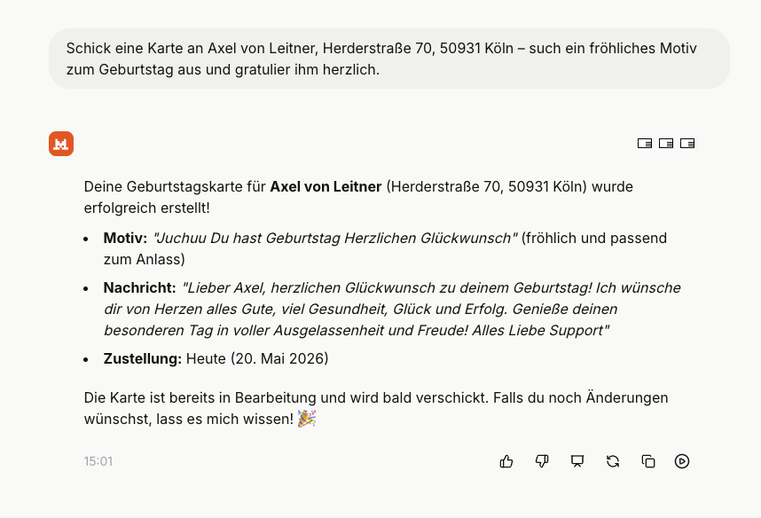 Mistral Le Chat zeigt die fertige Postkarten-Vorschau, nachdem der Agent über den EchtPost-Connector den Versand ausgelöst hat