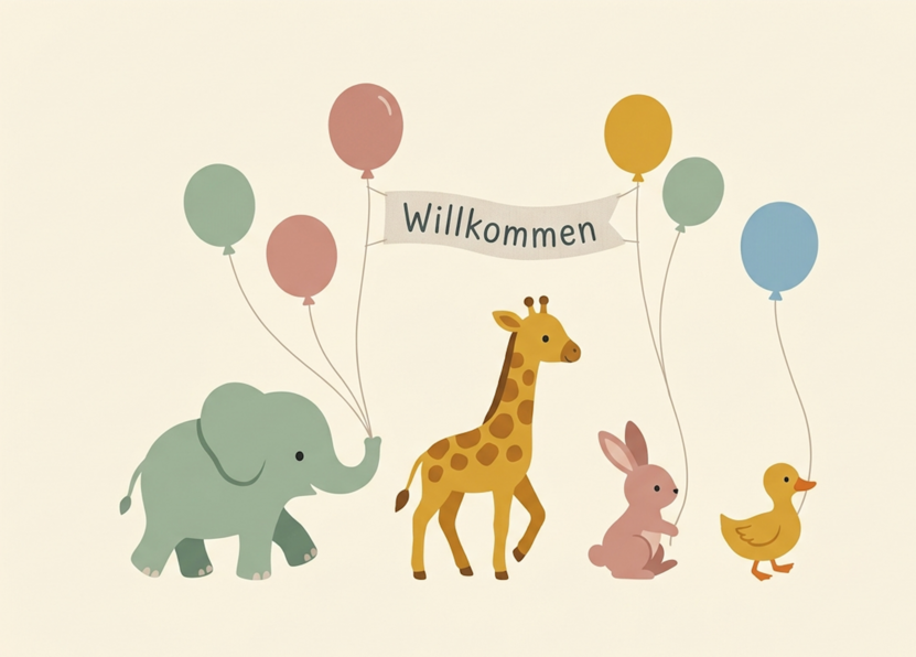 Postkarte zur Geburt – Tierparade mit Tierbabys