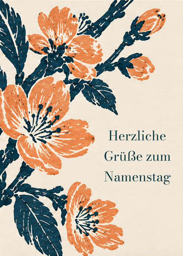 Namenstagskarte: Blütenzweig, Linolschnitt-Optik | EchtPost